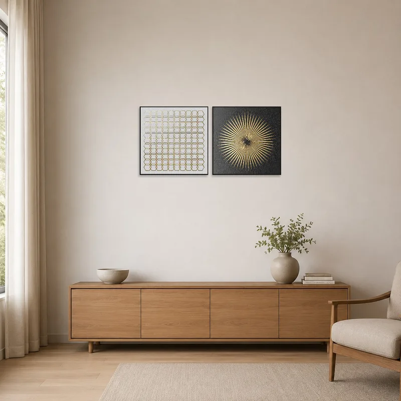 Simple geometric artwork adding elegance to a minimalist white wall.