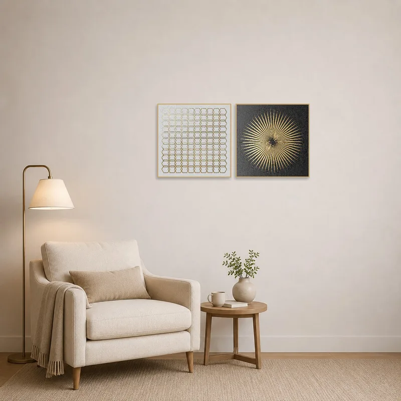 Geometric art pieces bringing bold style to a cozy reading corner.