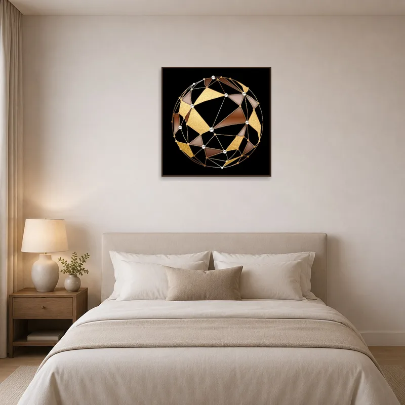 Bedroom wall featuring a gold and pearl spherical geometric design.