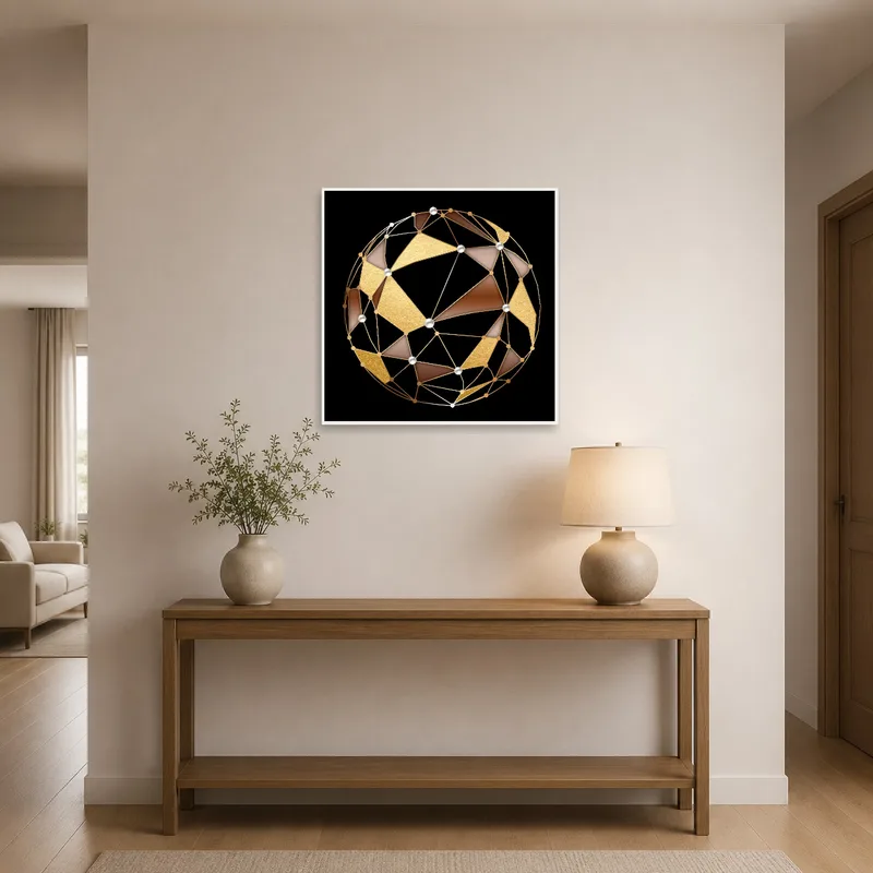 Entrance hall adorned with a geometric sphere design in gold and pearl colors.