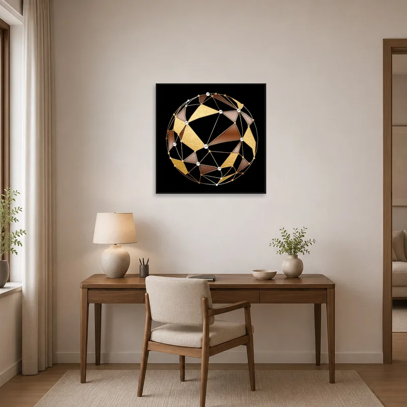Home office with a geometric spherical design in gold and pearl tones.