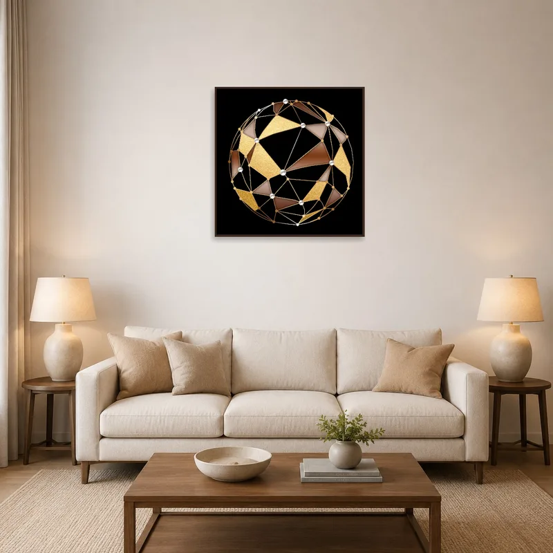 Spherical geometric design with gold and pearl hues on a living room wall.