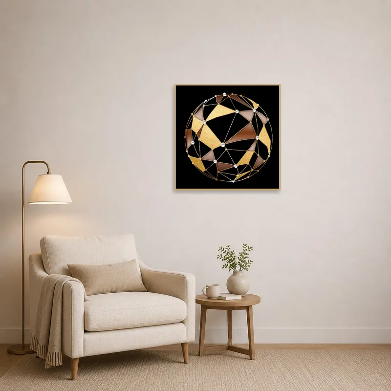 Reading corner enhanced by a gold and pearl geometric spherical design.