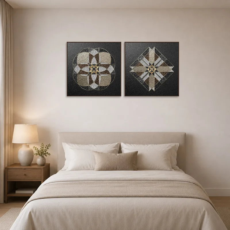 Elegant geometric art set as a focal point in a cozy bedroom.