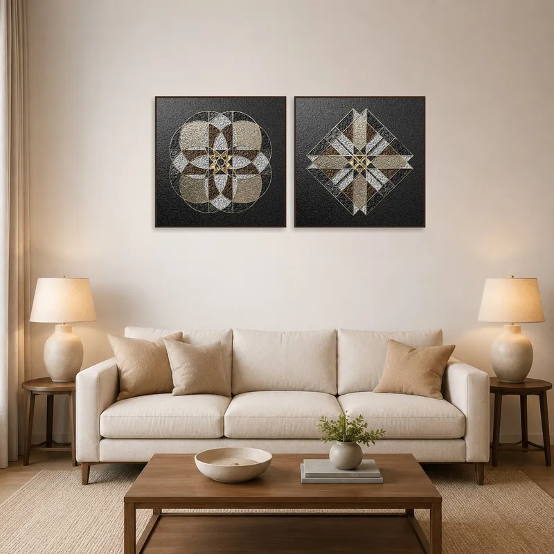 Gold and stone textured art set adding elegance to a modern living room.