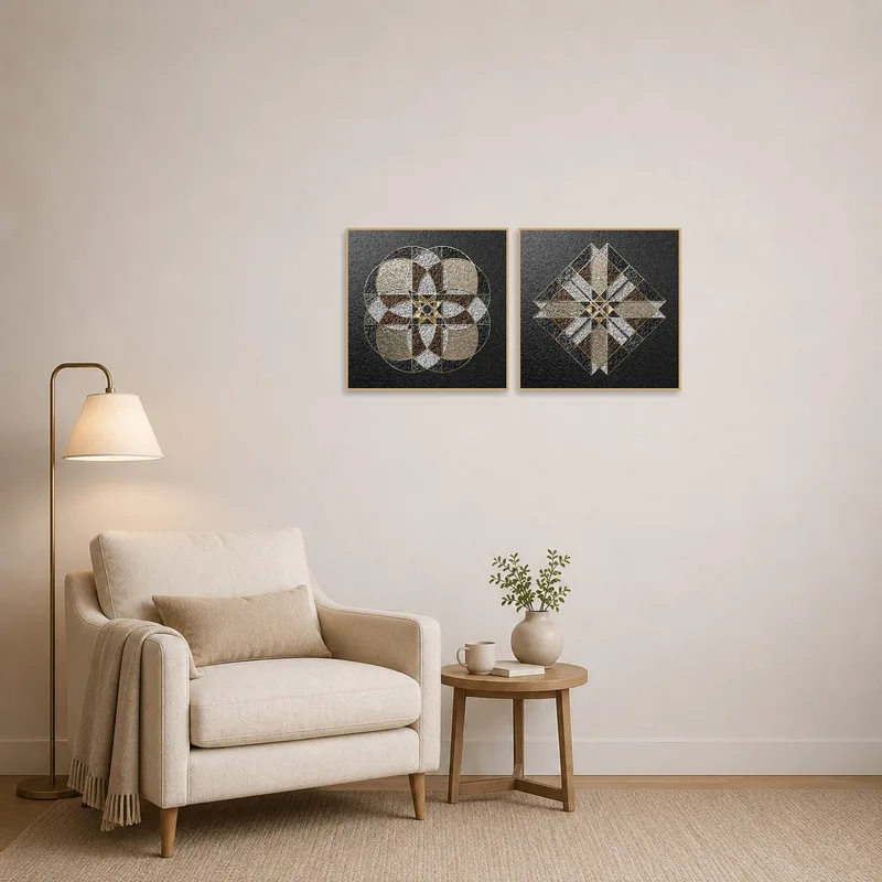 Gold and stone art set creating a serene atmosphere in a reading corner.
