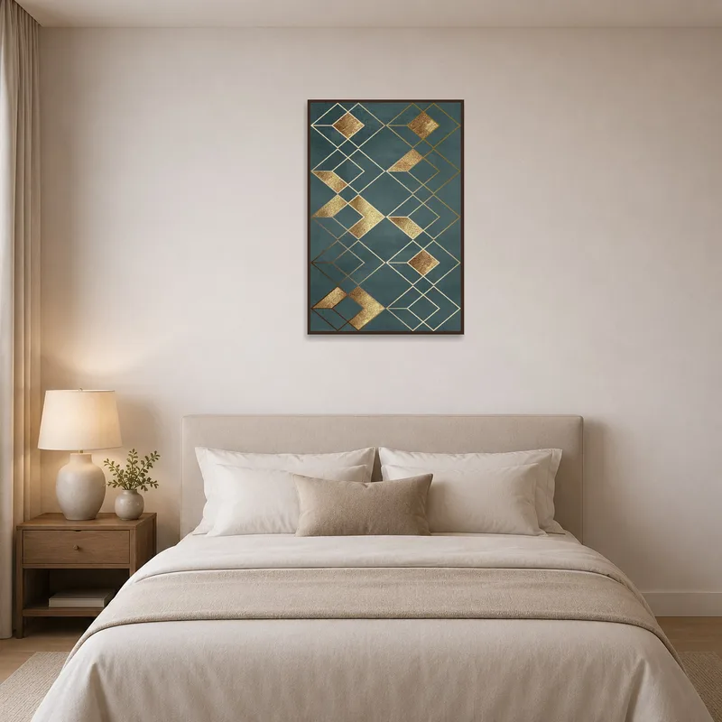 Geometric Gold and Teal Abstract Art as a stylish addition to a bedroom, mounted above a bed.