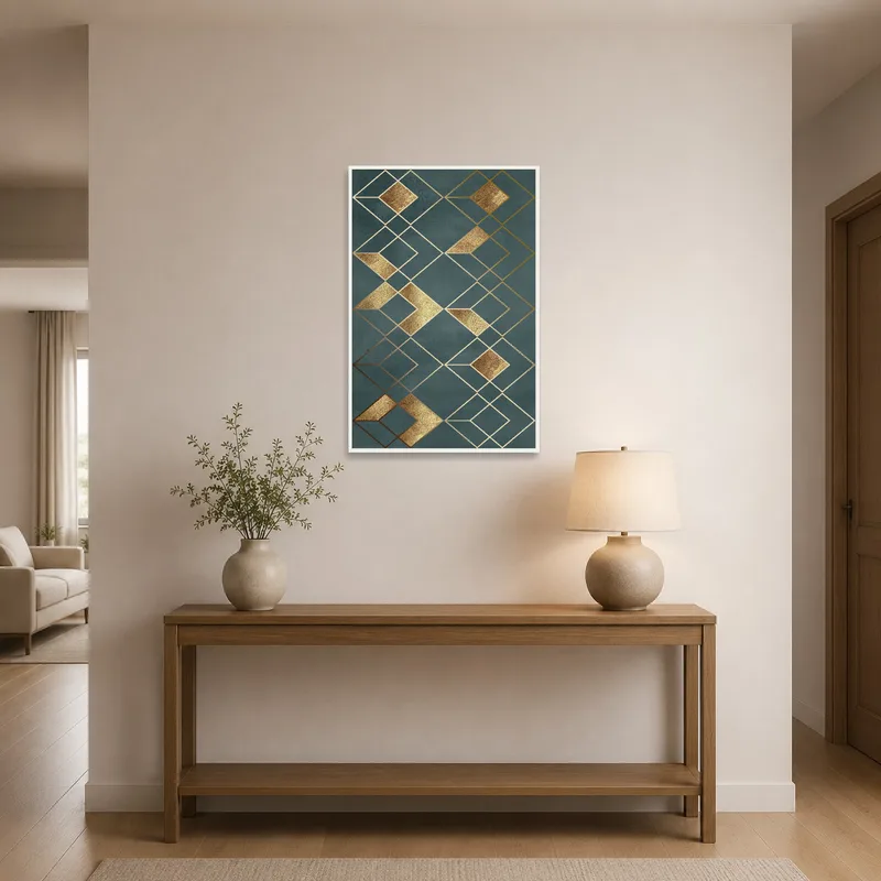 Geometric Gold and Teal Abstract Art in an entrance hall, adding a splash of color to the foyer.