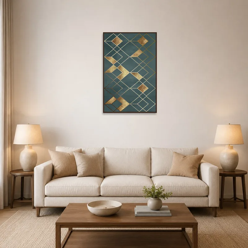 Geometric Gold and Teal Abstract Art on a living room wall above a modern sofa and coffee table.