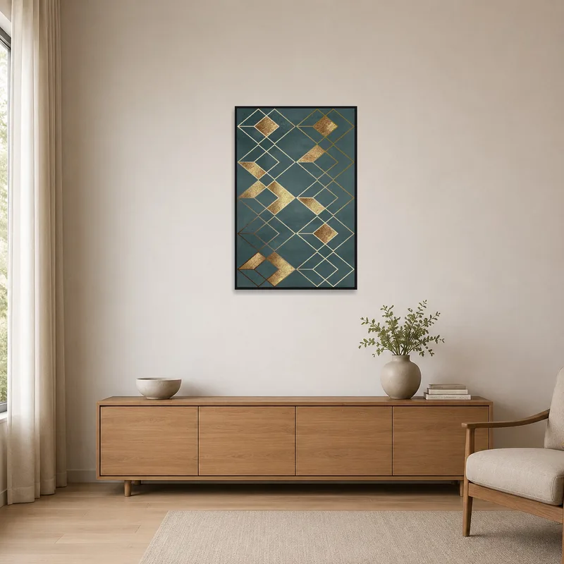 Geometric Gold and Teal Abstract Art in a minimalist space with neutral tones and simple furniture.