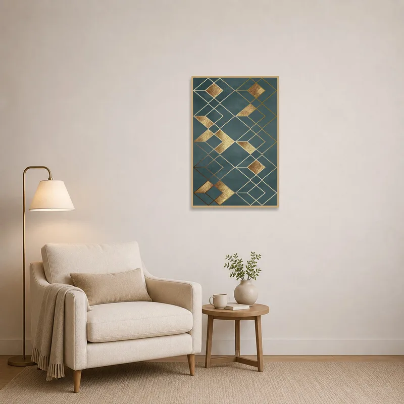 Geometric Gold and Teal Abstract Art above a cozy reading corner with a chair and floor lamp.