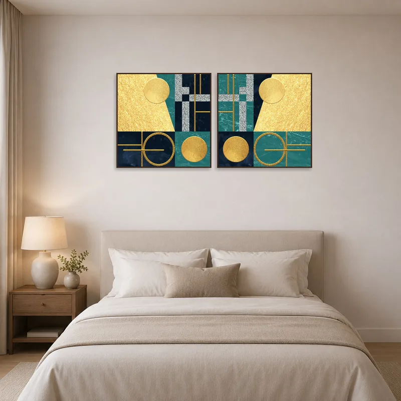 Gold and teal abstract art enhancing a serene bedroom ambiance.