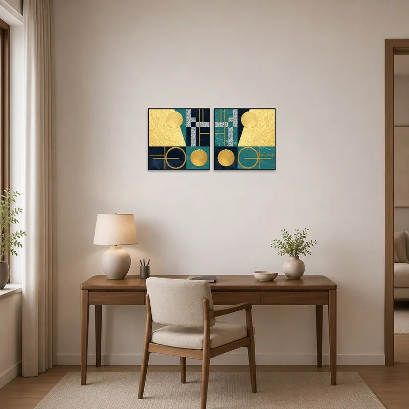 Geometric gold and teal art set in a home office creating an inspiring workspace.
