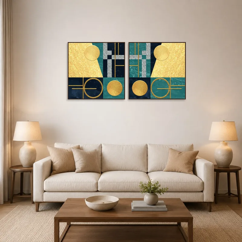 Geometric gold and teal abstract art set on a living room wall with modern furniture.