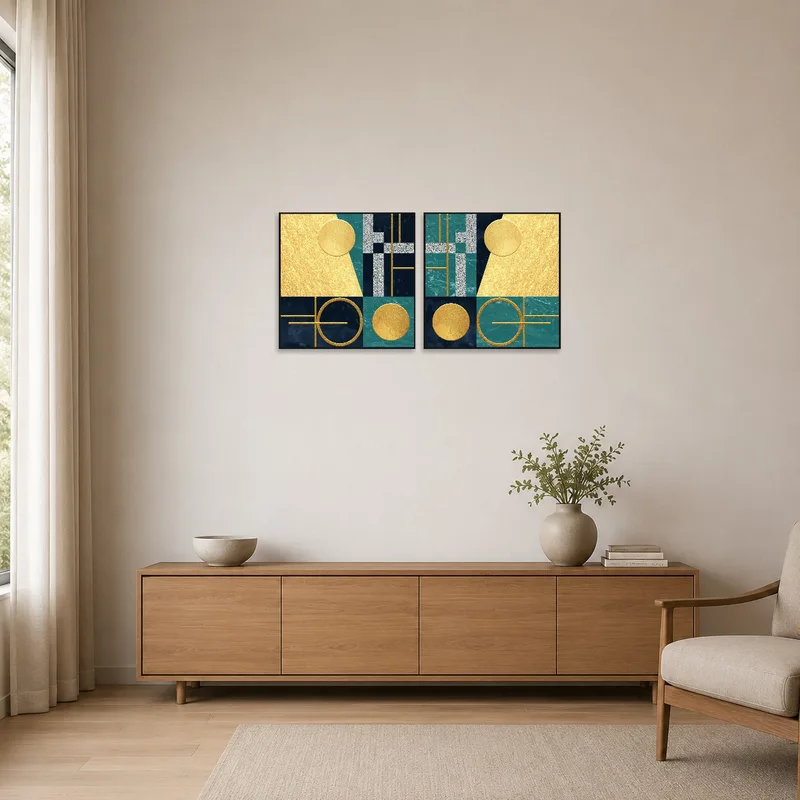 Gold and teal abstract art set complementing a minimalist style room with clean lines.
