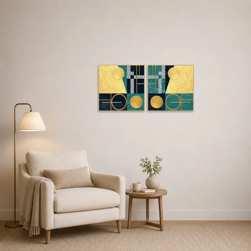 A cozy reading corner featuring the geometric gold and teal abstract art set.