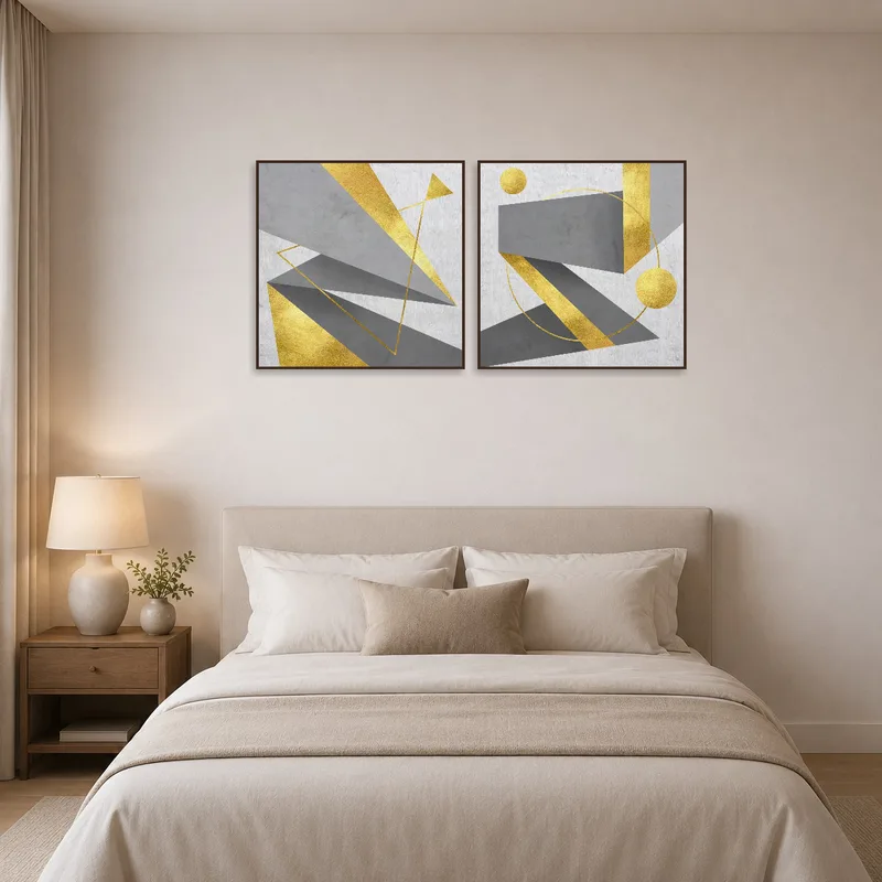 Gold and gray artwork elegantly placed in a bedroom.