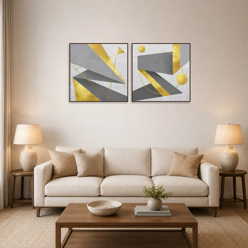 Square gold and gray art set in a cozy living room setting.