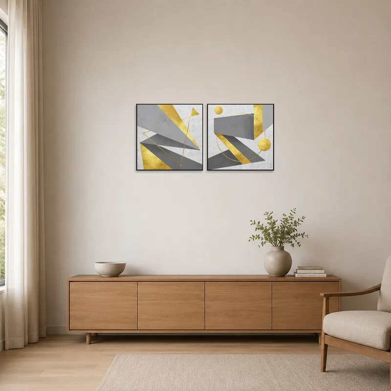 Geometric art set complementing a minimalist-style room.