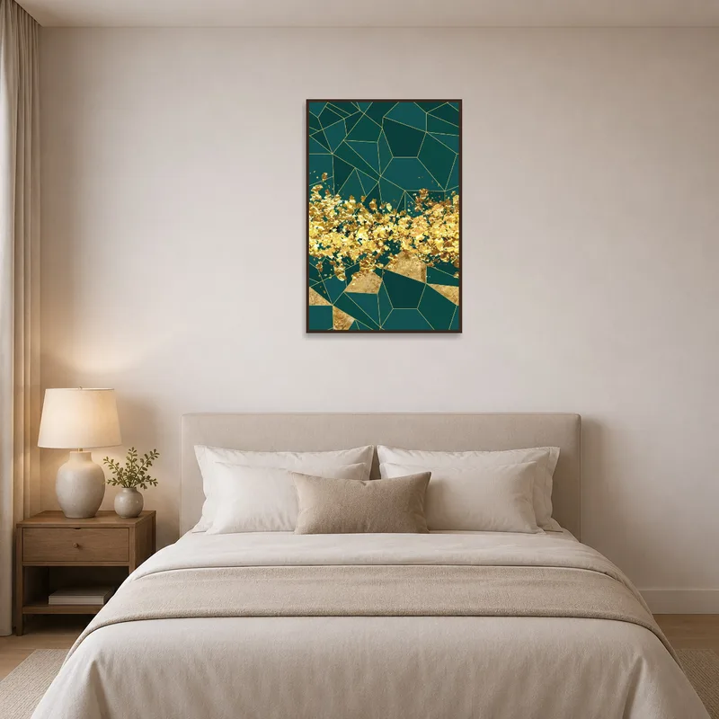 Luxurious teal and gold leaf artwork above a bed in a serene bedroom.