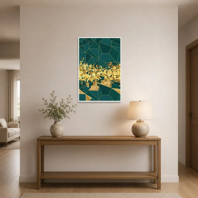 Geometric gold and teal canvas elegantly displayed in an entrance hall.