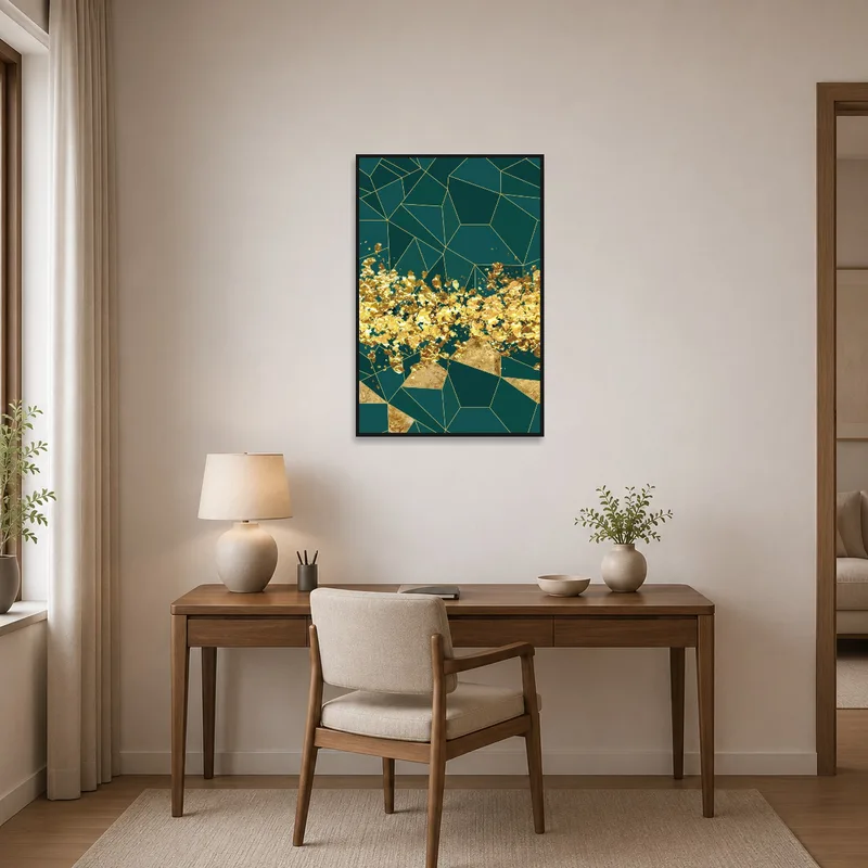 Teal and gold canvas art adding elegance to a modern home office.