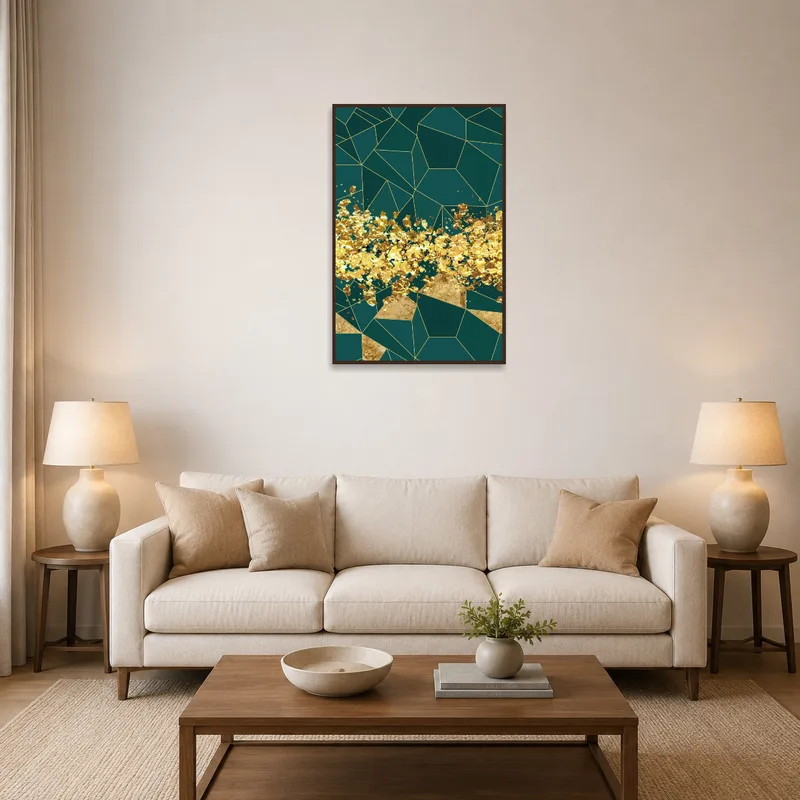 Gold leaf on teal art piece hanging in a chic living room setting.