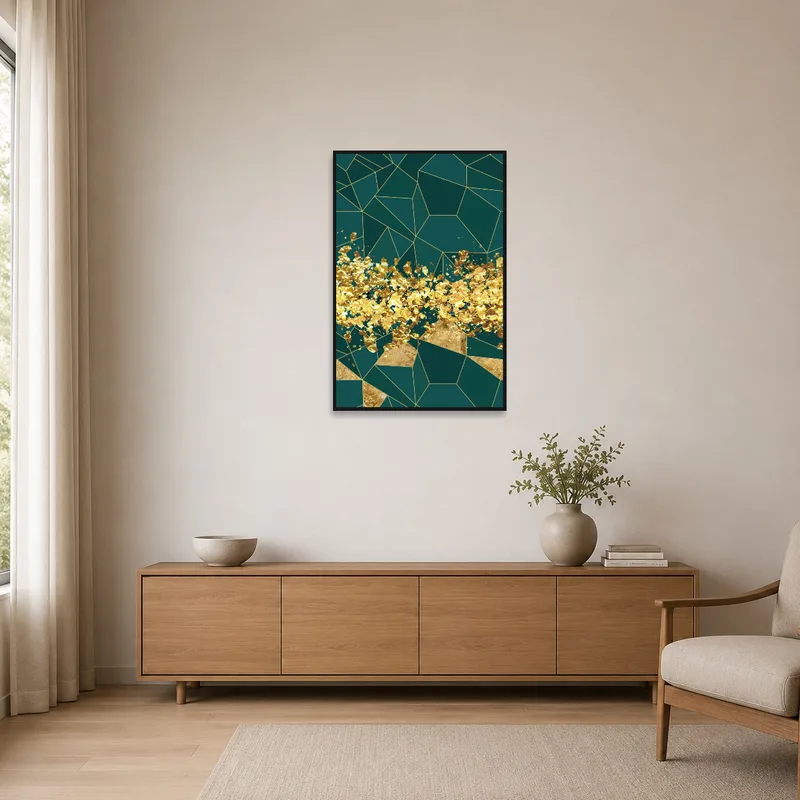 Teal and gold geometric art enhancing a minimalist room decor.