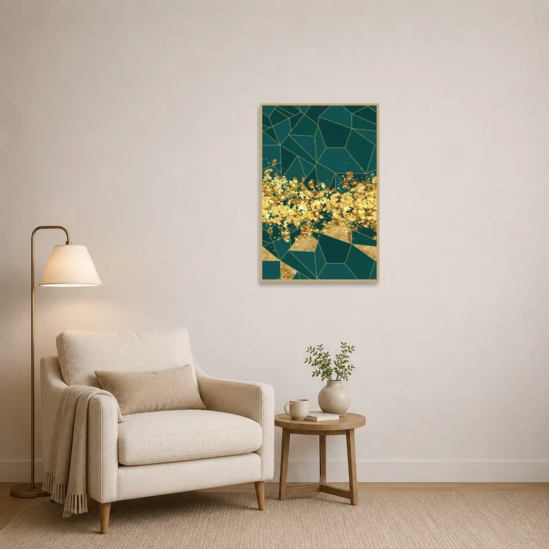 Teal canvas with gold geometric design adorning a cozy reading corner.