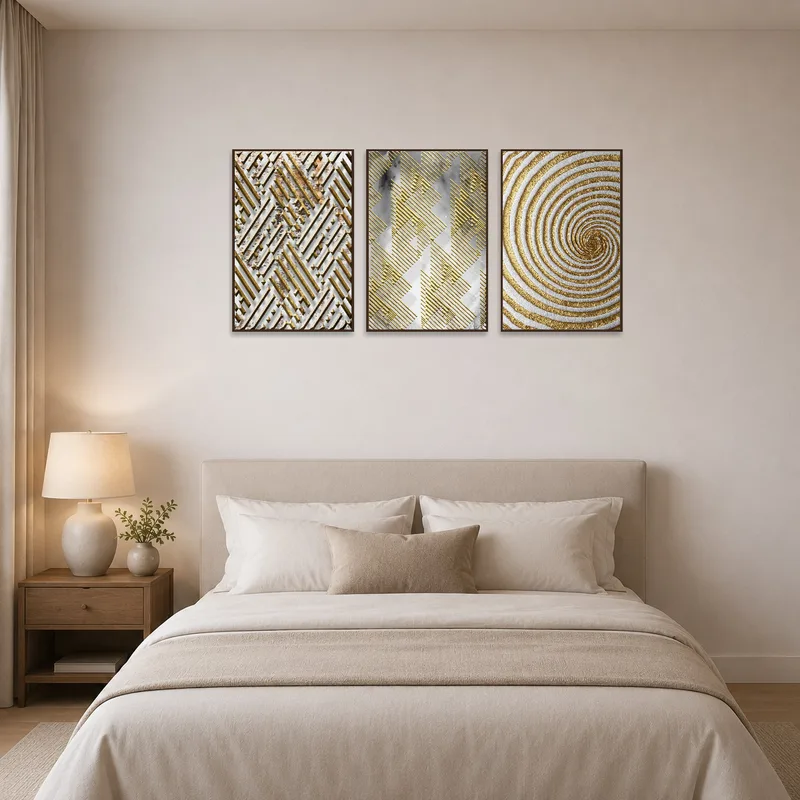 Geometric gold patterns art set enhances bedroom decor with a blend of luxury and modern flair.