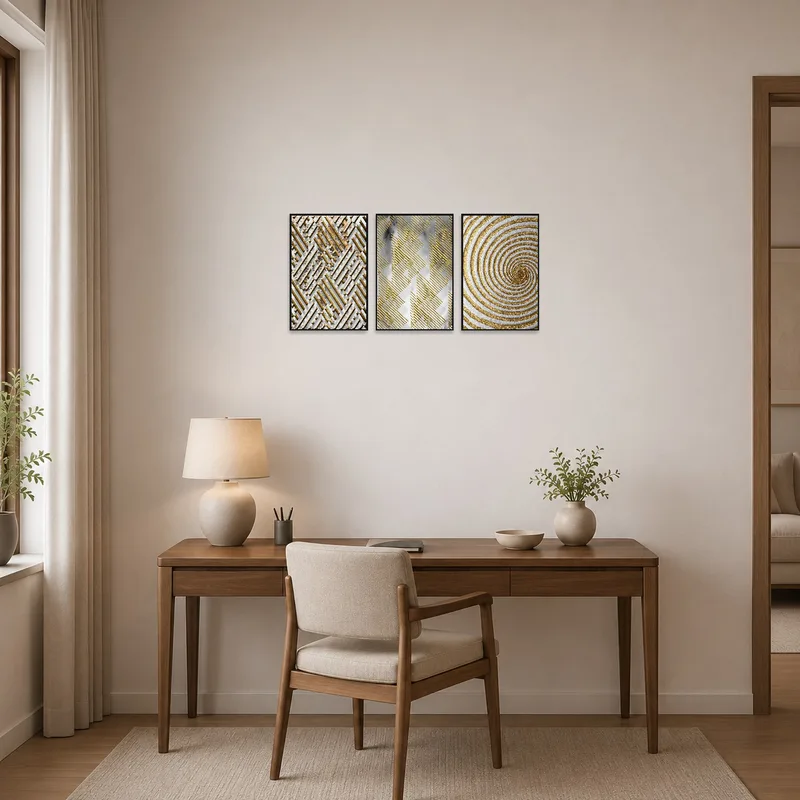 Home office featuring geometric gold patterns art set, infusing the space with creativity and sophistication.