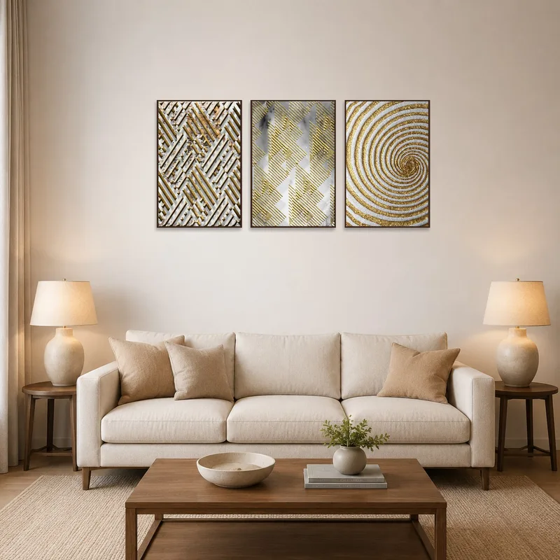 Geometric gold patterns art set adorns a stylish living room, adding a touch of elegance and modernity.