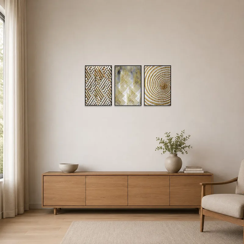 Minimalist room featuring a geometric gold patterns art set, enhancing the clean and simple aesthetic.