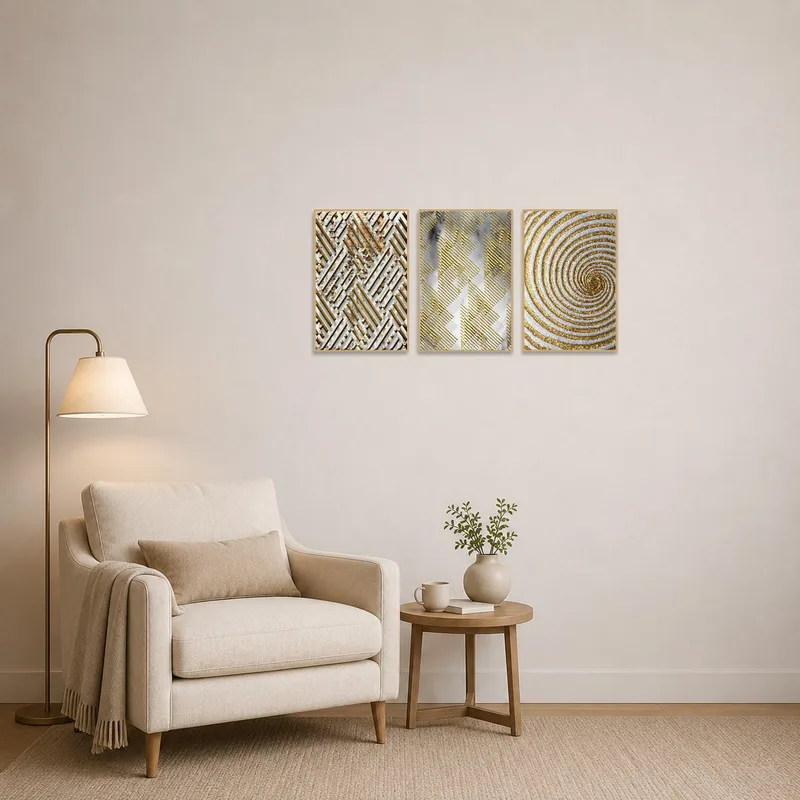 Reading corner highlighted by geometric gold patterns art set, creating a serene and sophisticated ambiance.