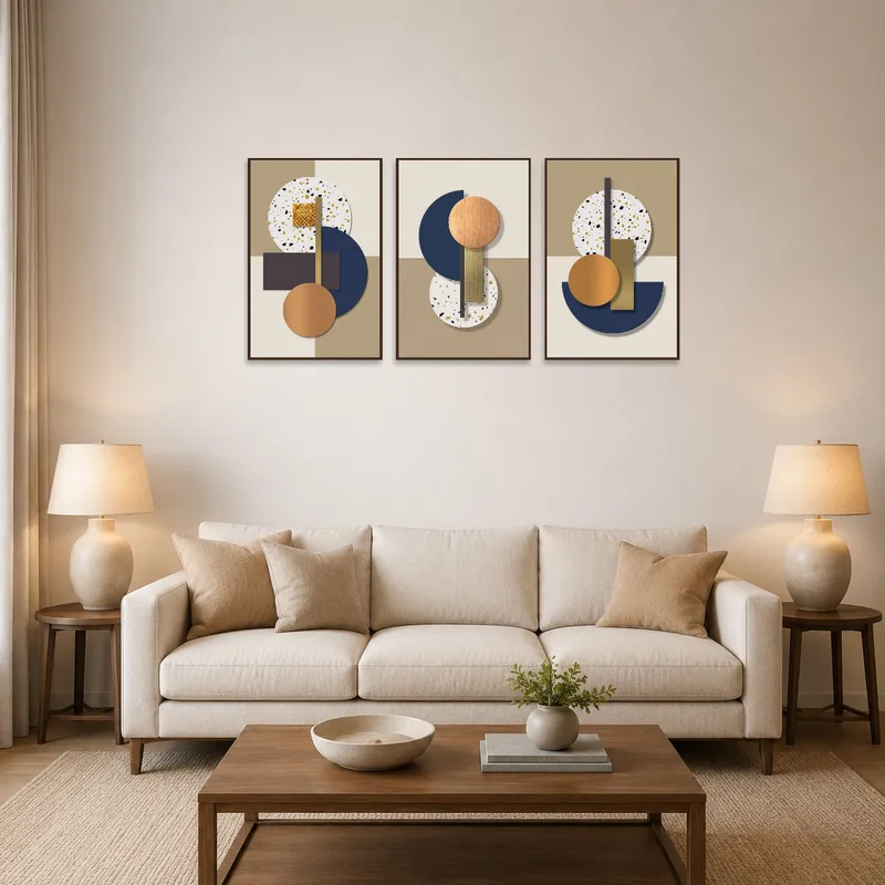 A set of geometric wall art in earthy and metallic tones hangs above a modern sofa in the living room.