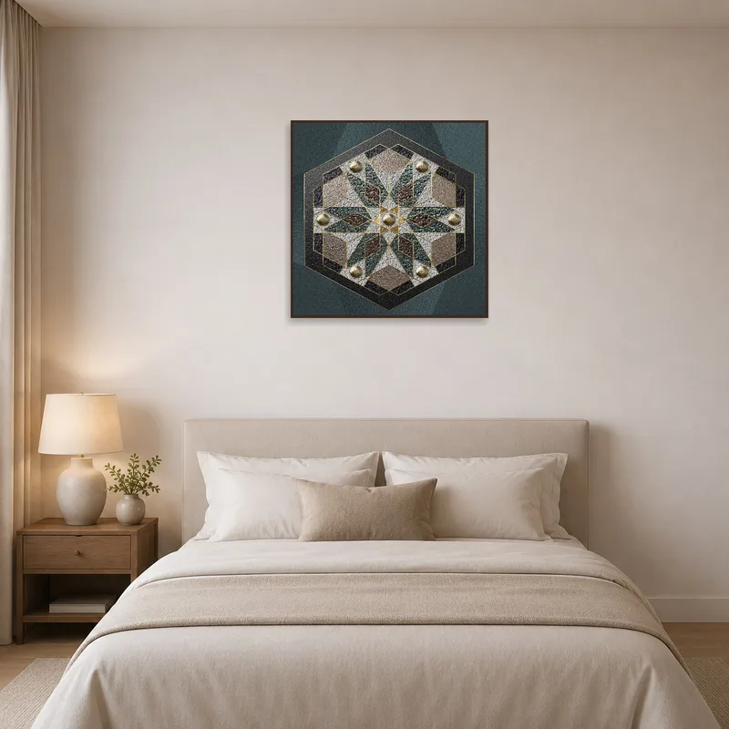 Mandala art complements soothing hues in a serene bedroom.