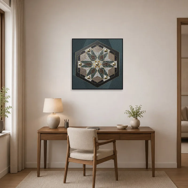 Hexagon mandala offers inspiration in a modern home office.