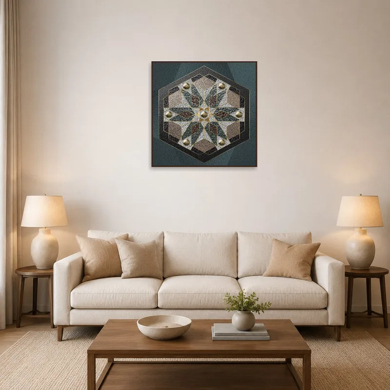 Earthy tone hexagon mandala art above a cozy living room sofa.