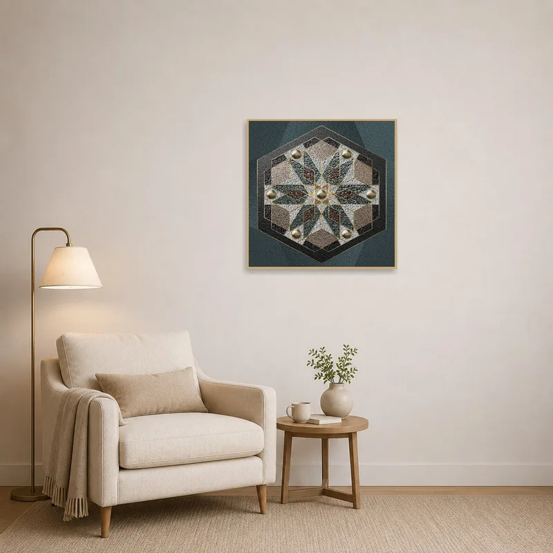 Hexagon mandala adds warmth to a quiet reading corner.