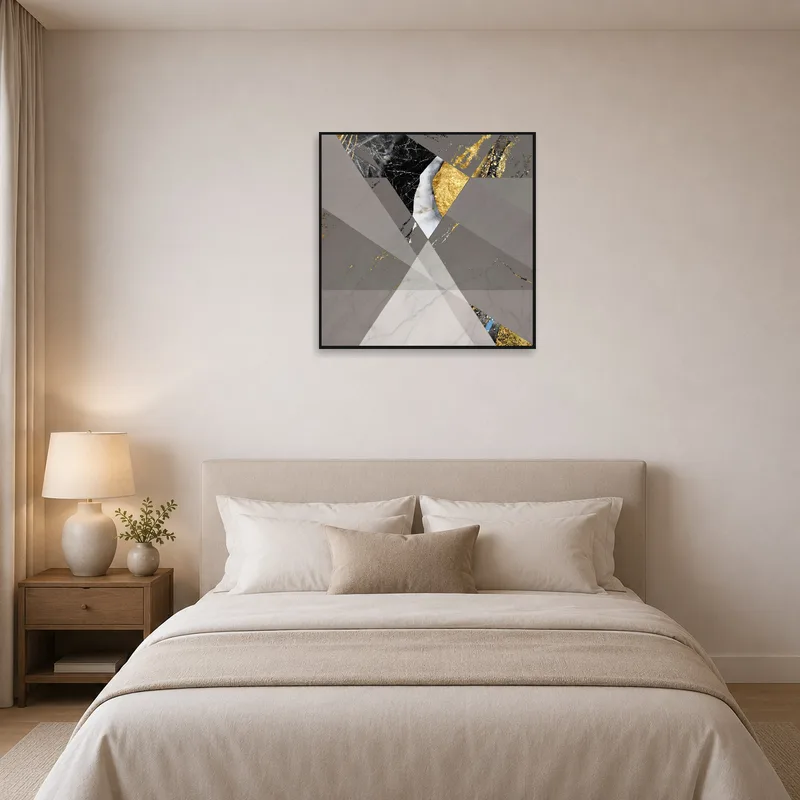 The marble and gold abstract art print adds elegance to a modern bedroom decor.