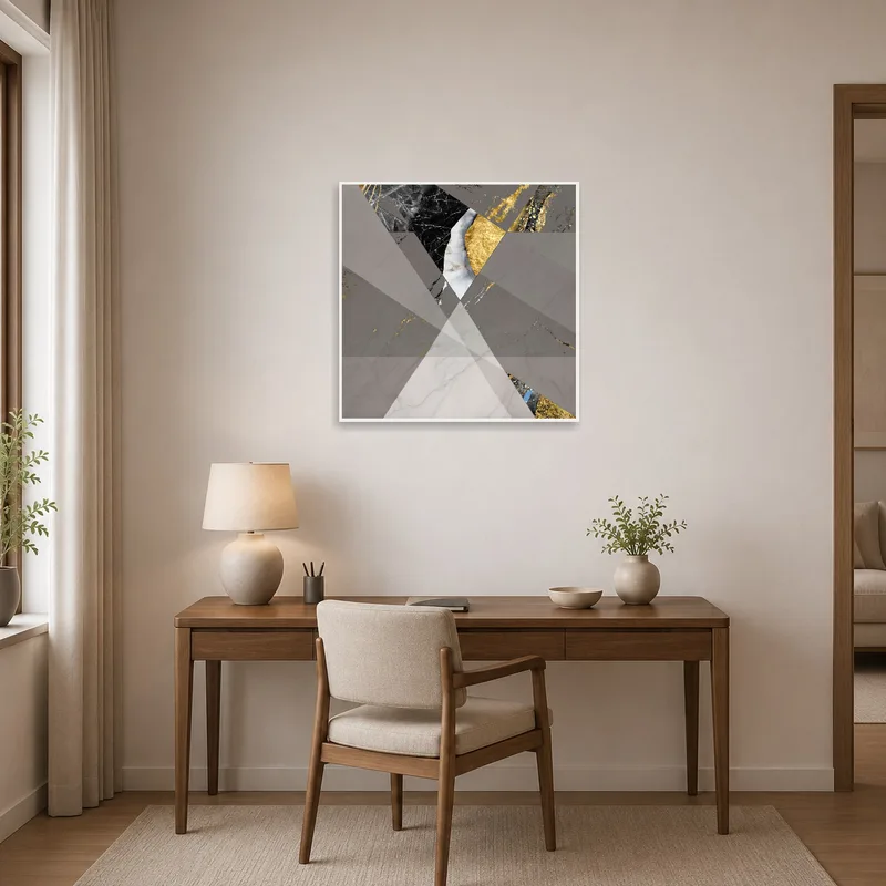 A geometric abstract art print brings a chic touch to a contemporary home office.