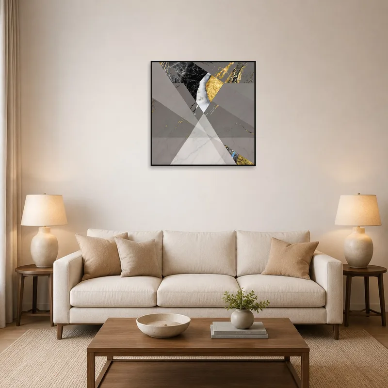 A geometric marble and gold abstract art print hangs in a stylish living room.