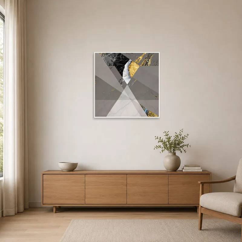 The abstract art print complements a minimalist space with its clean, geometric lines.