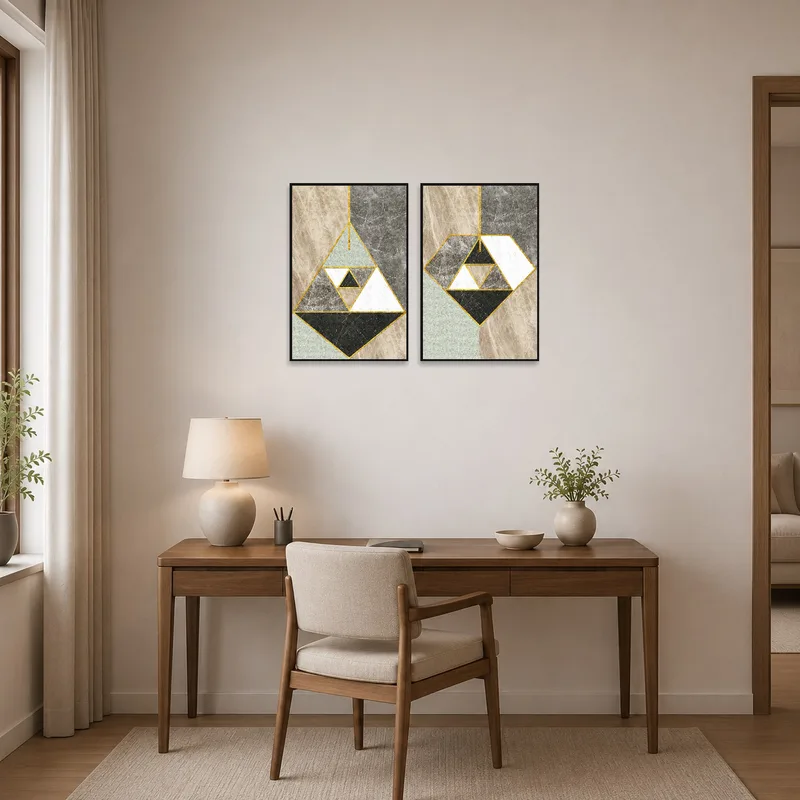 Geometric marble and gold set bringing sophistication to a home-office wall.