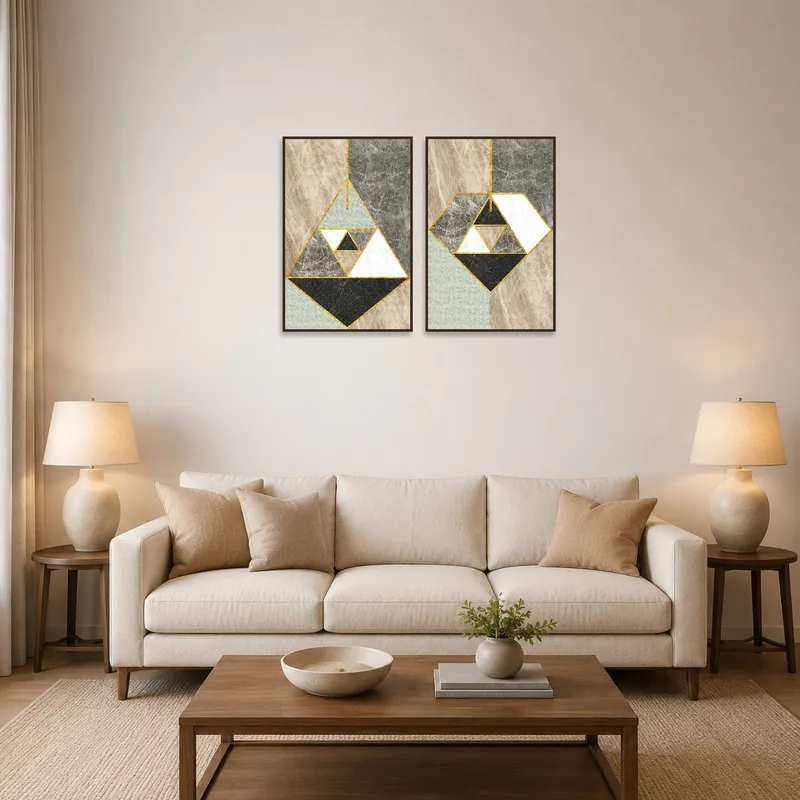 Abstract geometric marble and gold art set on a living room wall above a modern sofa.