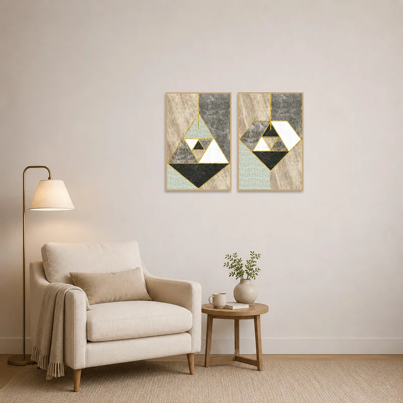 Abstract geometric design wall set adding style to a cozy reading corner.