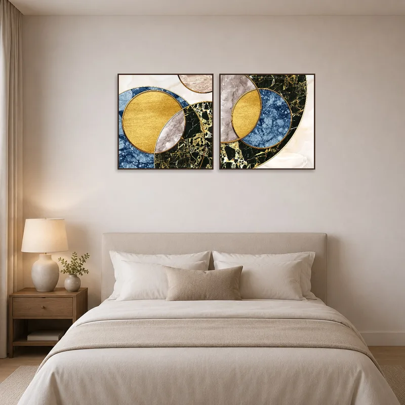 Bedroom wall showcasing geometric marble and gold circle art.