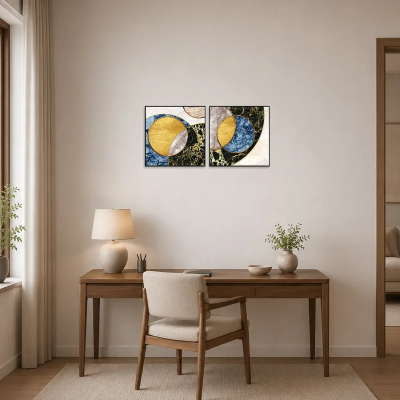 Home office decorated with geometric marble and gold circle art.