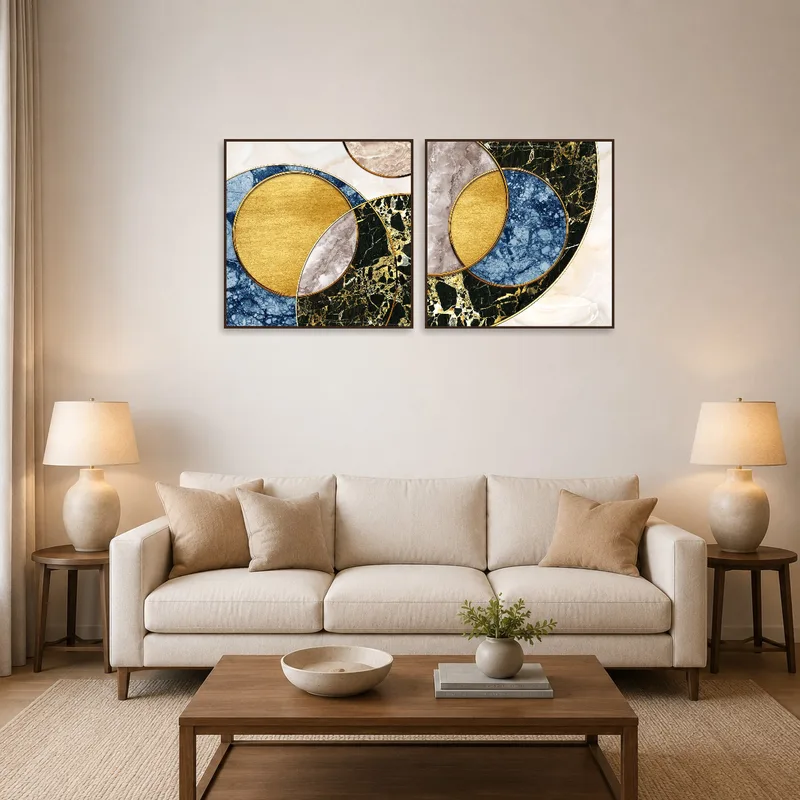 A living room featuring geometric marble and gold circle art on the wall.