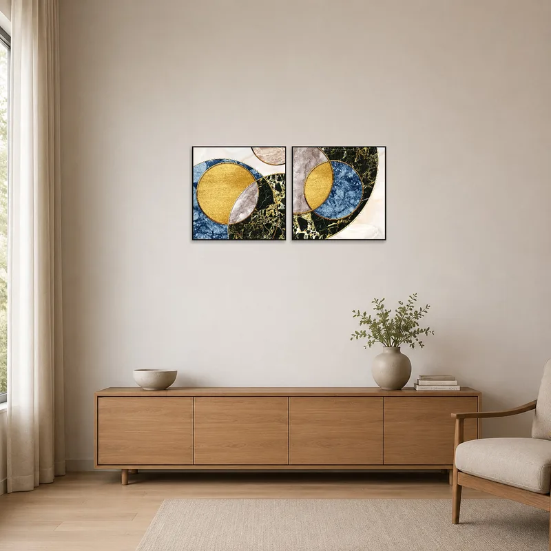 Minimalist room displaying geometric marble and gold circle art.